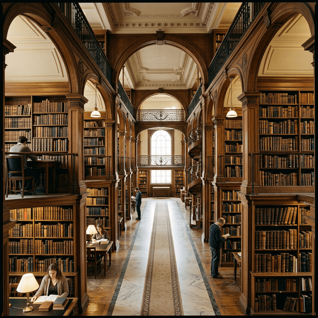 Large historic library hall with wood-paneled bookshelves and several people reading or browsing books