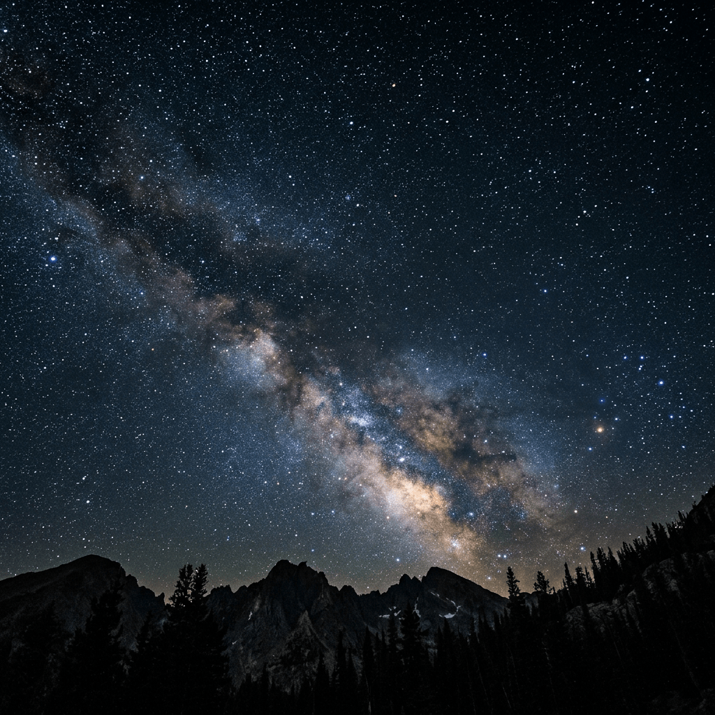 Milky Way galaxy stretching across star-filled night sky above mountain silhouettes